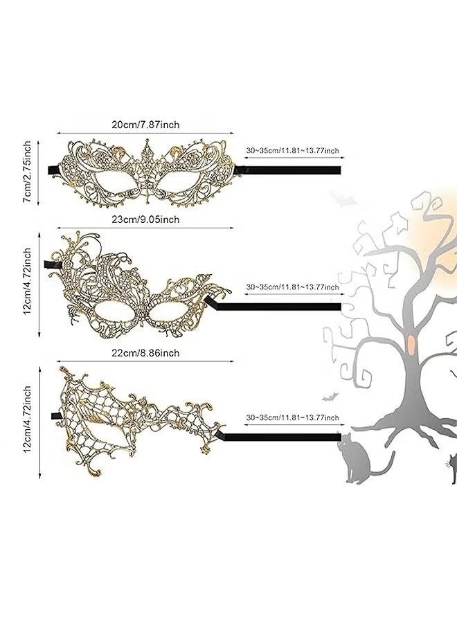 3 Pcs Mysterious Lace Masks, Half Face Lace Eye Masks, Masquerade Costume Party Mask (Gold) - Image 2